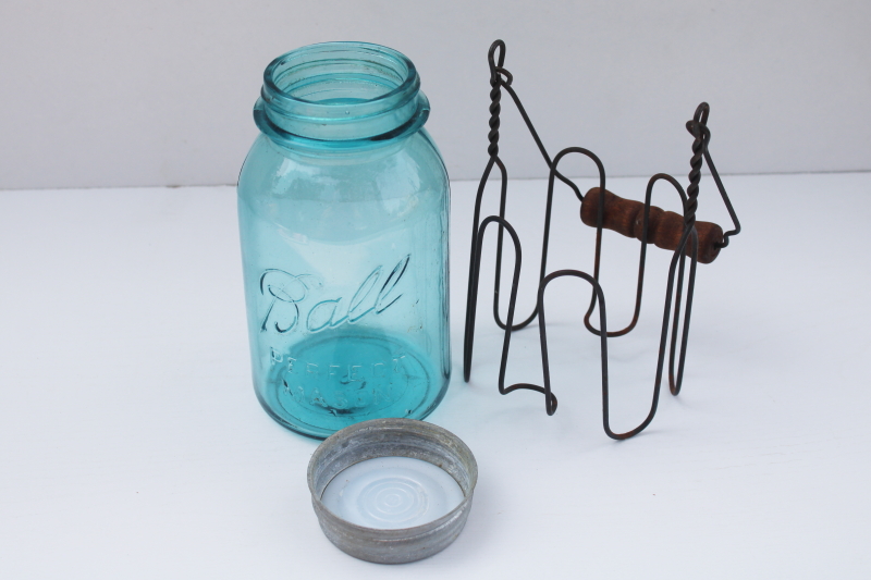 photo of vintage blue Ball Mason jar w/ zinc lid, primitive style wire jar carrier w/ wood handle #2