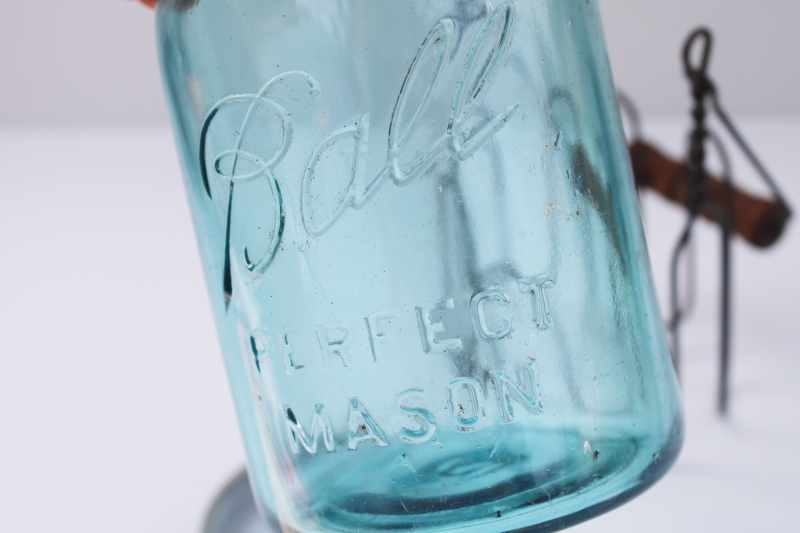 photo of vintage blue Ball Mason jar w/ zinc lid, primitive style wire jar carrier w/ wood handle #3