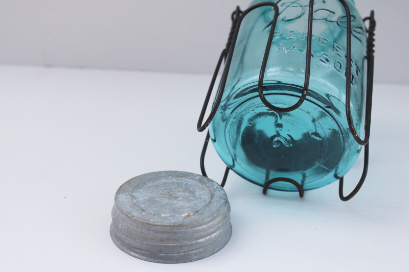 photo of vintage blue Ball Mason jar w/ zinc lid, primitive style wire jar carrier w/ wood handle #4