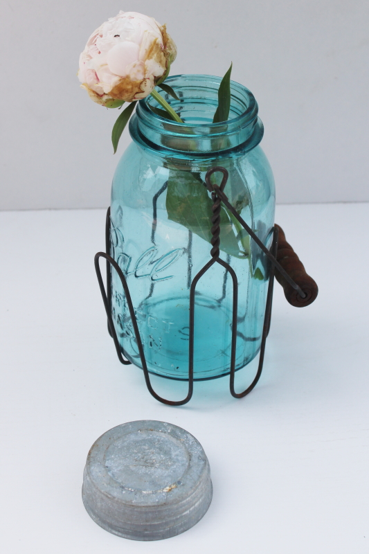 photo of vintage blue Ball Mason jar w/ zinc lid, primitive style wire jar carrier w/ wood handle #5