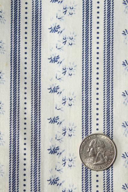 photo of vintage blue & white print floral striped cotton ticking pillow fabric w/ original label #1