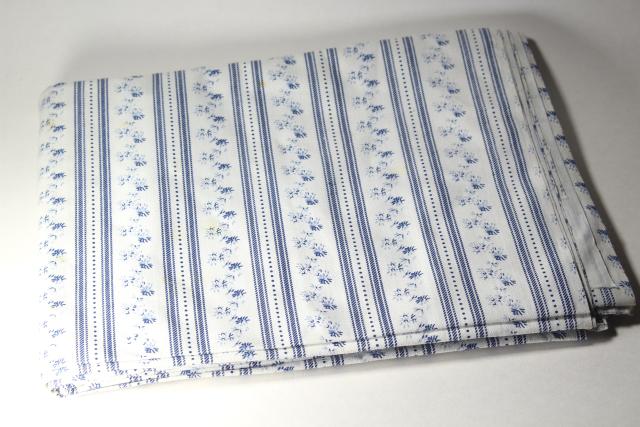 photo of vintage blue & white print floral striped cotton ticking pillow fabric w/ original label #2