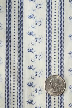 catalog photo of vintage blue & white print floral striped cotton ticking pillow fabric w/ original label