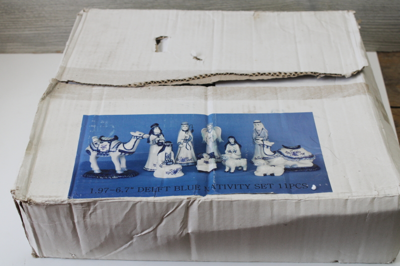photo of vintage blue & white china Christmas nativity scene, Delft style painted porcelain figures mint in box  #5