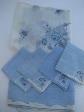 catalog photo of vintage blue and white cotton organdy Madeira luncheon set, tablecloth and napkins