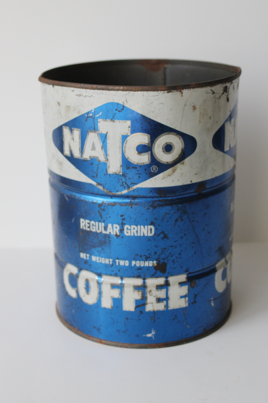 photo of vintage blue & white metal coffee can Natco National Tea advertising graphics  #1