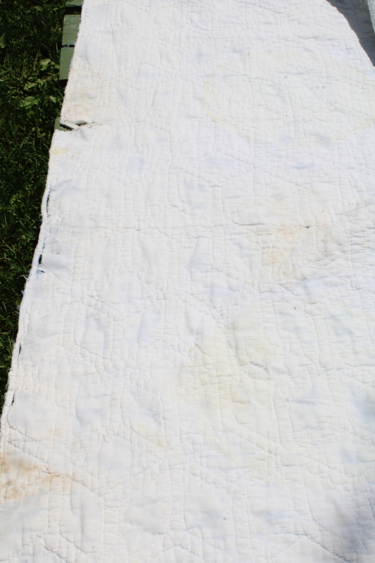 photo of vintage blue & white patchwork quilt hand stitched quilting stars & tumbling blocks pattern  #5