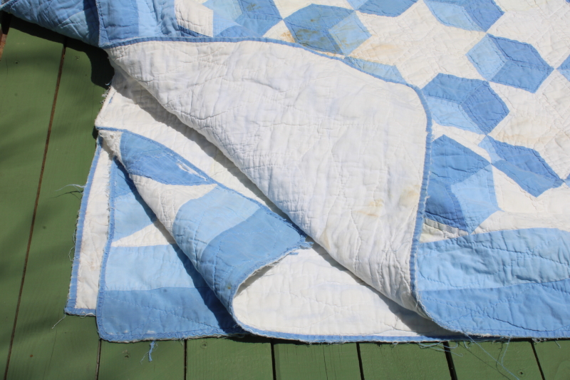 photo of vintage blue & white patchwork quilt hand stitched quilting stars & tumbling blocks pattern  #6