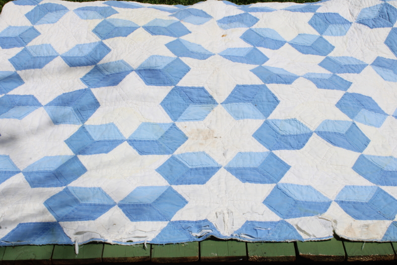 photo of vintage blue & white patchwork quilt hand stitched quilting stars & tumbling blocks pattern  #7