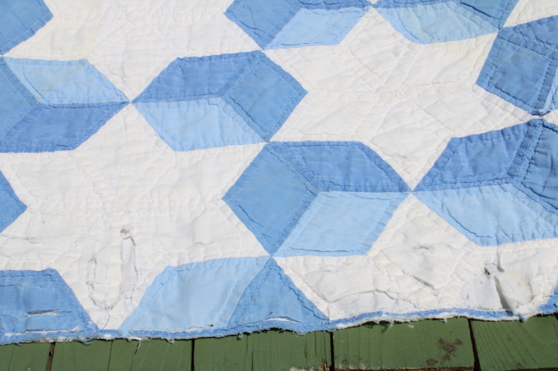 photo of vintage blue & white patchwork quilt hand stitched quilting stars & tumbling blocks pattern  #8