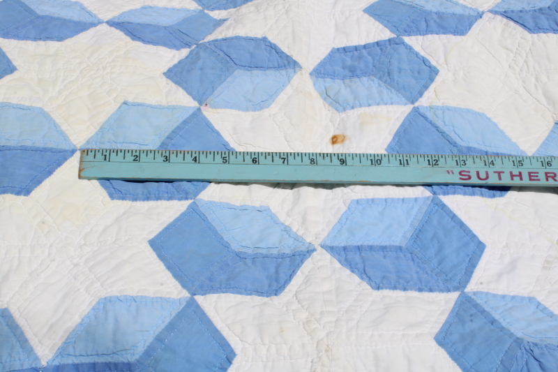 photo of vintage blue & white patchwork quilt hand stitched quilting stars & tumbling blocks pattern  #9