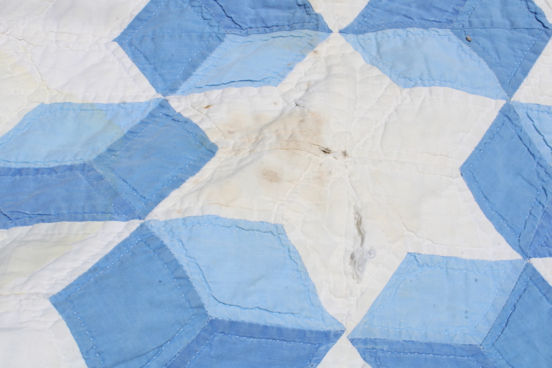 photo of vintage blue & white patchwork quilt hand stitched quilting stars & tumbling blocks pattern  #10
