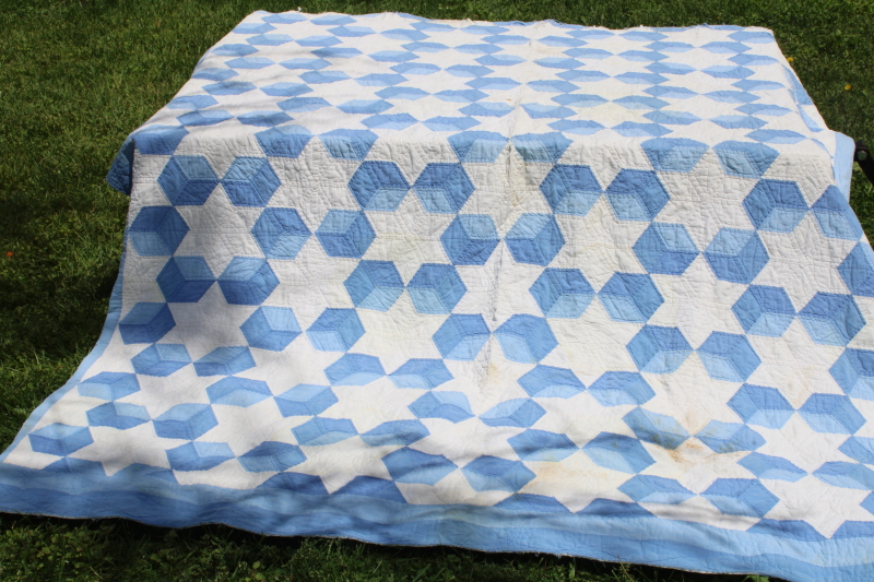 photo of vintage blue & white patchwork quilt hand stitched quilting stars & tumbling blocks pattern  #11