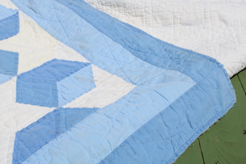 photo of vintage blue & white patchwork quilt hand stitched quilting stars & tumbling blocks pattern  #12