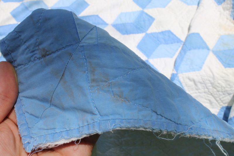 photo of vintage blue & white patchwork quilt hand stitched quilting stars & tumbling blocks pattern  #13