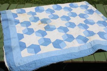vintage blue & white patchwork quilt hand stitched quilting stars & tumbling blocks pattern 