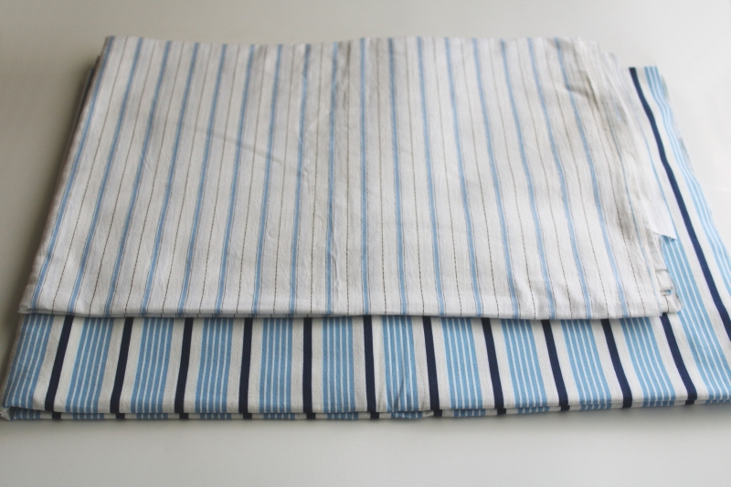 photo of vintage blue & white striped print all cotton sheeting fabric lot, soft cool summery stripes  #1