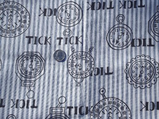 photo of vintage blue and white ticking stripe fabric, steampunk clocks print #1