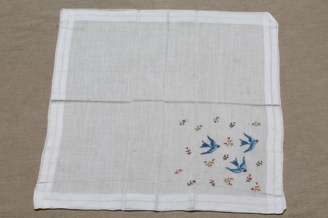 photo of vintage blue bird hanky, bluebirds of happiness wedding handkerchief for a bride #1