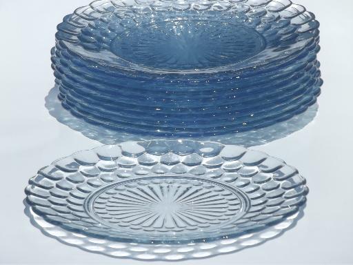 photo of vintage blue bubble pattern dinner plates, Anchor Hocking depression glass #2