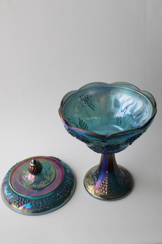 photo of vintage blue carnival glass compote or candy dish, harvest grapes Indiana glass #2