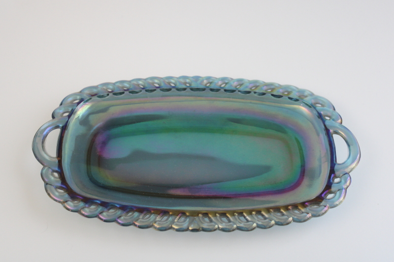 photo of vintage blue carnival glass tray, small scalloped tray for Indiana glass cream & sugar set  #1