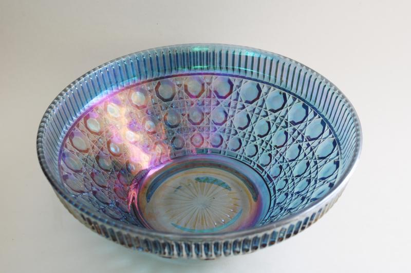 photo of vintage blue carnival iridescent glass bowl, Federal Windsor pattern cane or button #2