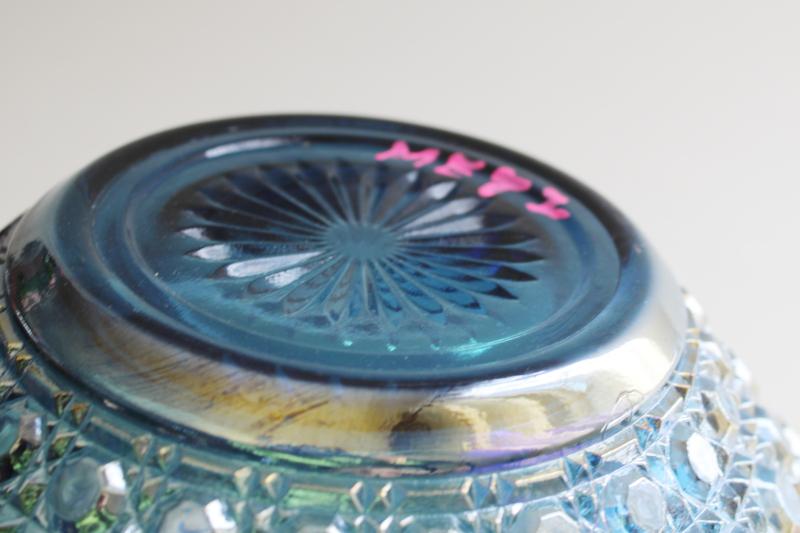 photo of vintage blue carnival iridescent glass bowl, Federal Windsor pattern cane or button #4