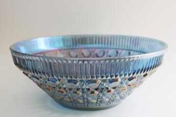 catalog photo of vintage blue carnival iridescent glass bowl, Federal Windsor pattern cane or button