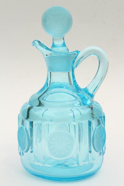 photo of vintage blue glass Fostoria coin glass cruet bottle, pitcher & stopper #2