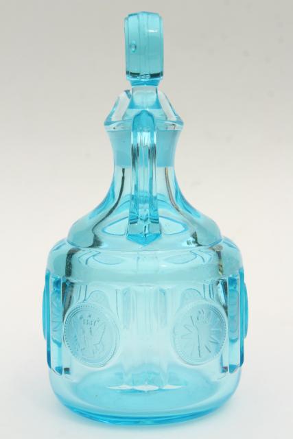 photo of vintage blue glass Fostoria coin glass cruet bottle, pitcher & stopper #3