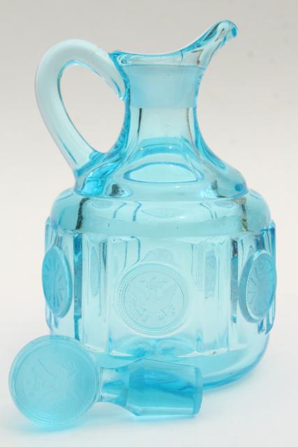 photo of vintage blue glass Fostoria coin glass cruet bottle, pitcher & stopper #4