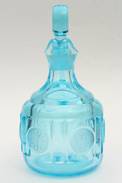 photo of vintage blue glass Fostoria coin glass cruet bottle, pitcher & stopper #5
