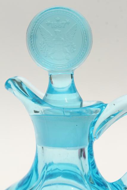 photo of vintage blue glass Fostoria coin glass cruet bottle, pitcher & stopper #6