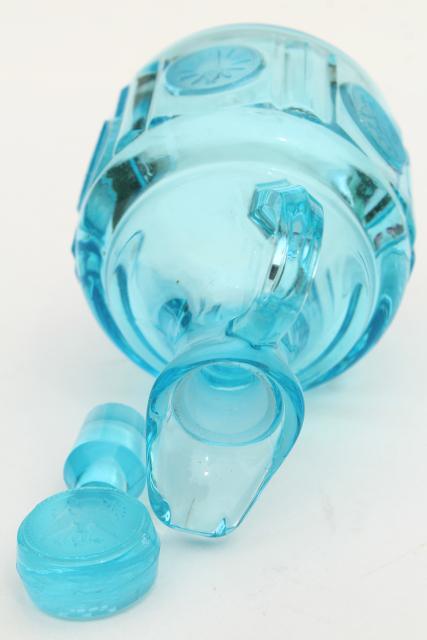 photo of vintage blue glass Fostoria coin glass cruet bottle, pitcher & stopper #7