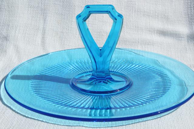 photo of vintage blue glass cake plate or sandwich tray, serving plate w/ center handle #1