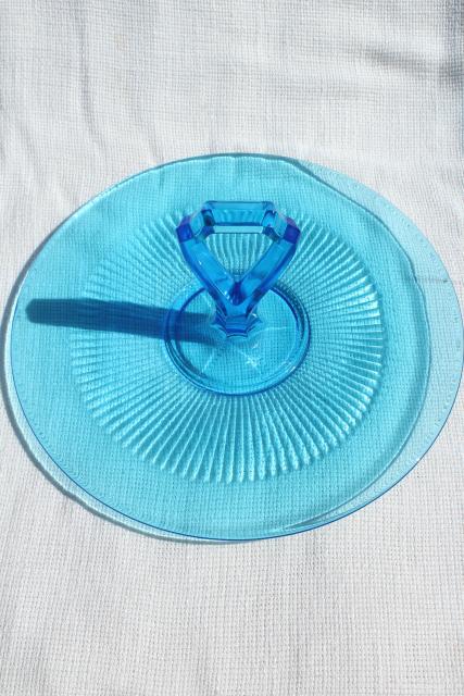 photo of vintage blue glass cake plate or sandwich tray, serving plate w/ center handle #2