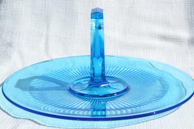 photo of vintage blue glass cake plate or sandwich tray, serving plate w/ center handle #3