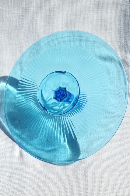 photo of vintage blue glass cake plate or sandwich tray, serving plate w/ center handle #5