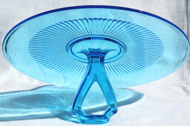 photo of vintage blue glass cake plate or sandwich tray, serving plate w/ center handle #6