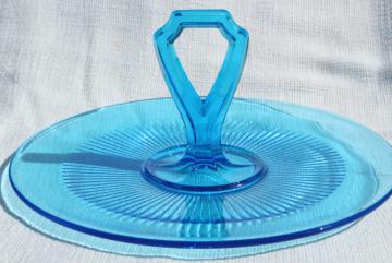 catalog photo of vintage blue glass cake plate or sandwich tray, serving plate w/ center handle