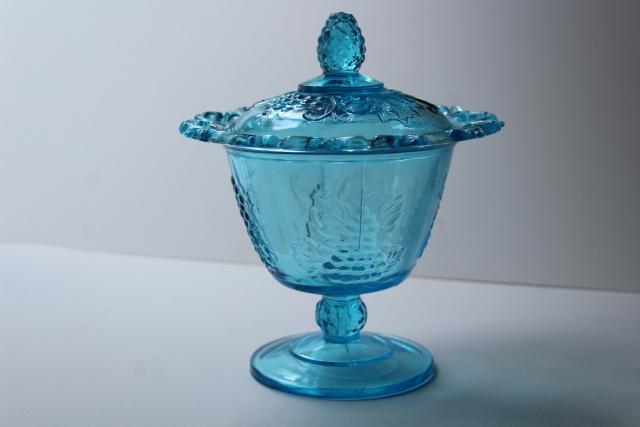 photo of vintage blue glass candy dish, open lace edge covered bowl w/ grapes, Indiana glass #1