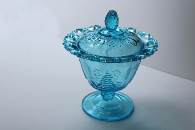 photo of vintage blue glass candy dish, open lace edge covered bowl w/ grapes, Indiana glass #2