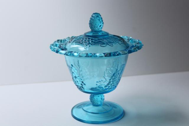 photo of vintage blue glass candy dish, open lace edge covered bowl w/ grapes, Indiana glass #3