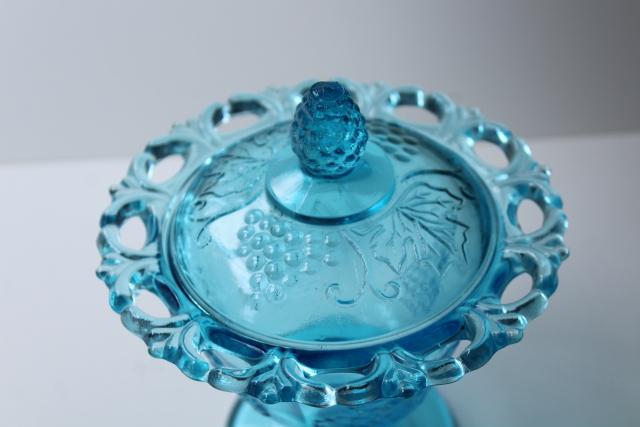 photo of vintage blue glass candy dish, open lace edge covered bowl w/ grapes, Indiana glass #4