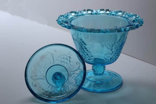 photo of vintage blue glass candy dish, open lace edge covered bowl w/ grapes, Indiana glass #5