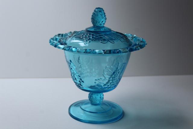 photo of vintage blue glass candy dish, open lace edge covered bowl w/ grapes, Indiana glass #6