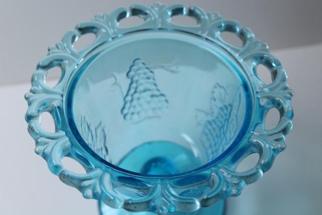 photo of vintage blue glass candy dish, open lace edge covered bowl w/ grapes, Indiana glass #7