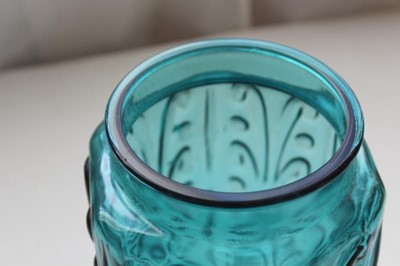photo of vintage blue glass canister jar, scroll pattern aqua or teal colored glass #4