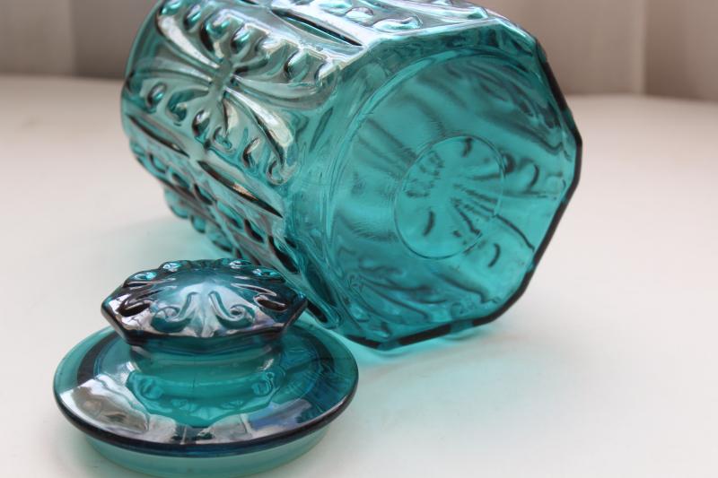 photo of vintage blue glass canister jar, scroll pattern aqua or teal colored glass #5